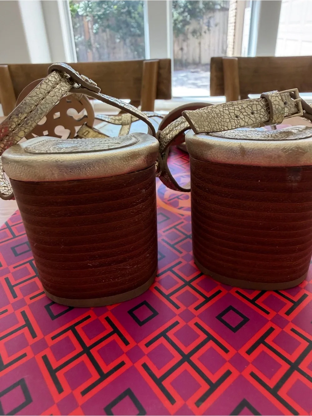 Tory Burch Metallic gold T-Strap Logo Sandals